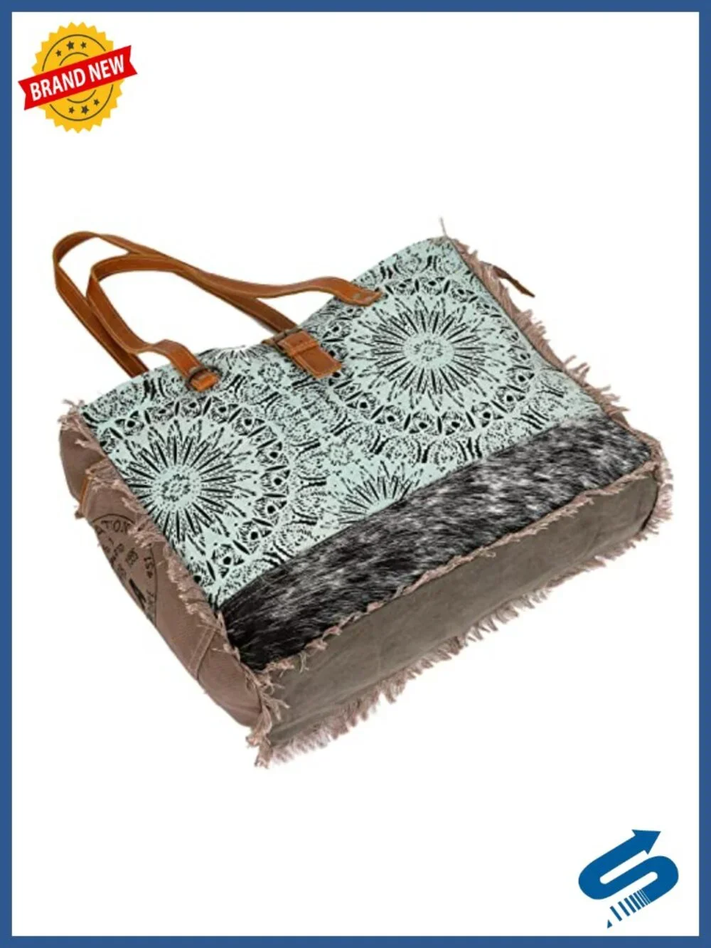 Canvas Handbag with Cowhide Leather Trim - Tote Bag for Women